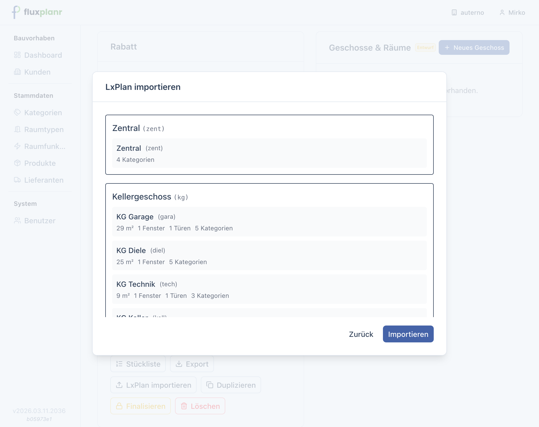 Loxone .LxPlan Import — Vorschau der erkannten Räume und Geschosse